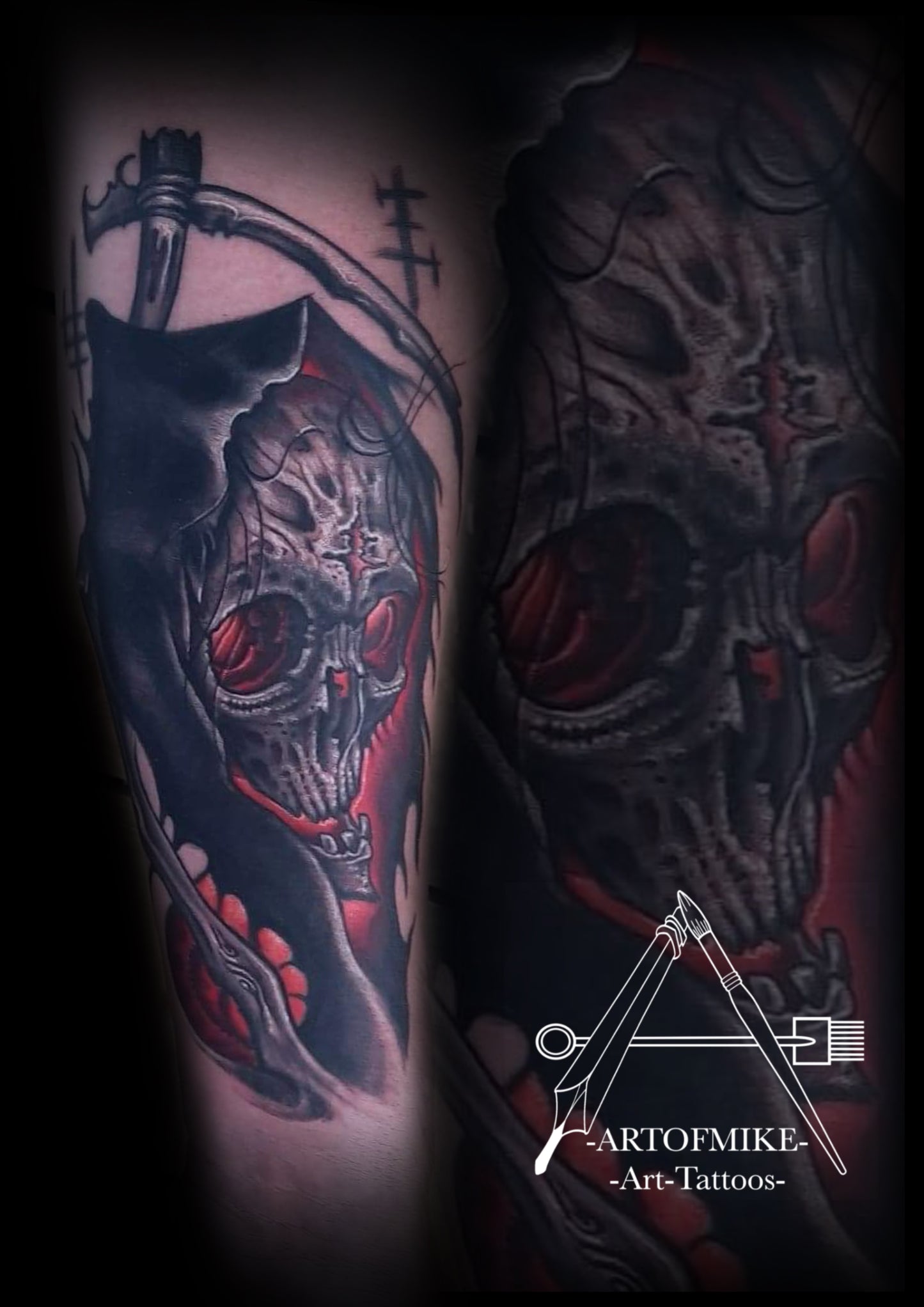 Book your tattoo now with Artofmike @innerdarkness at Artofmiketattoos.com! Featuring a detailed grim reaper with a skull face, glowing red eyes, dark shading, and red accents. The ARTOFMIKE -Art-Tattoos- logo appears in the lower right.