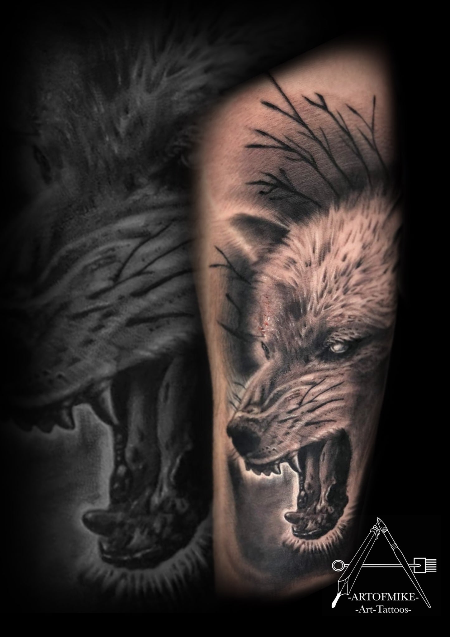 A detailed black and gray wolf tattoo with bared teeth is inked on an arm in Shrewsbury by Artofmiketattoos.com. The artist's @innerdarkness logo appears in the lower right. Book your tattoo now with Artofmike!.