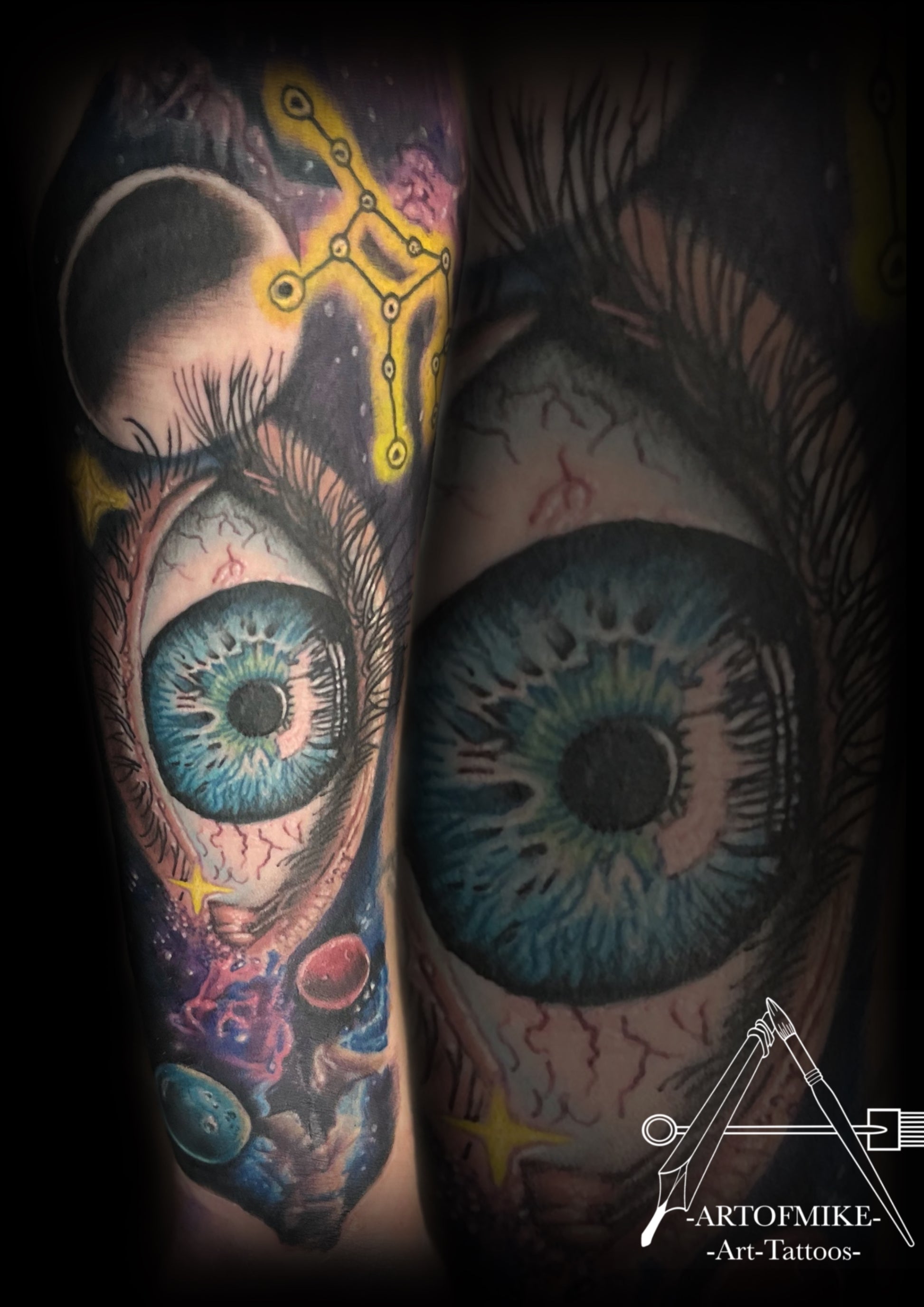 Book your Tattoo now with Artofmike @innerdarkness! This Shrewsbury studio's vibrant blue eye tattoo showcases planets, stars, and constellations. Artofmiketattoos.com logo features in the design—perfect inspiration for your next consultation.