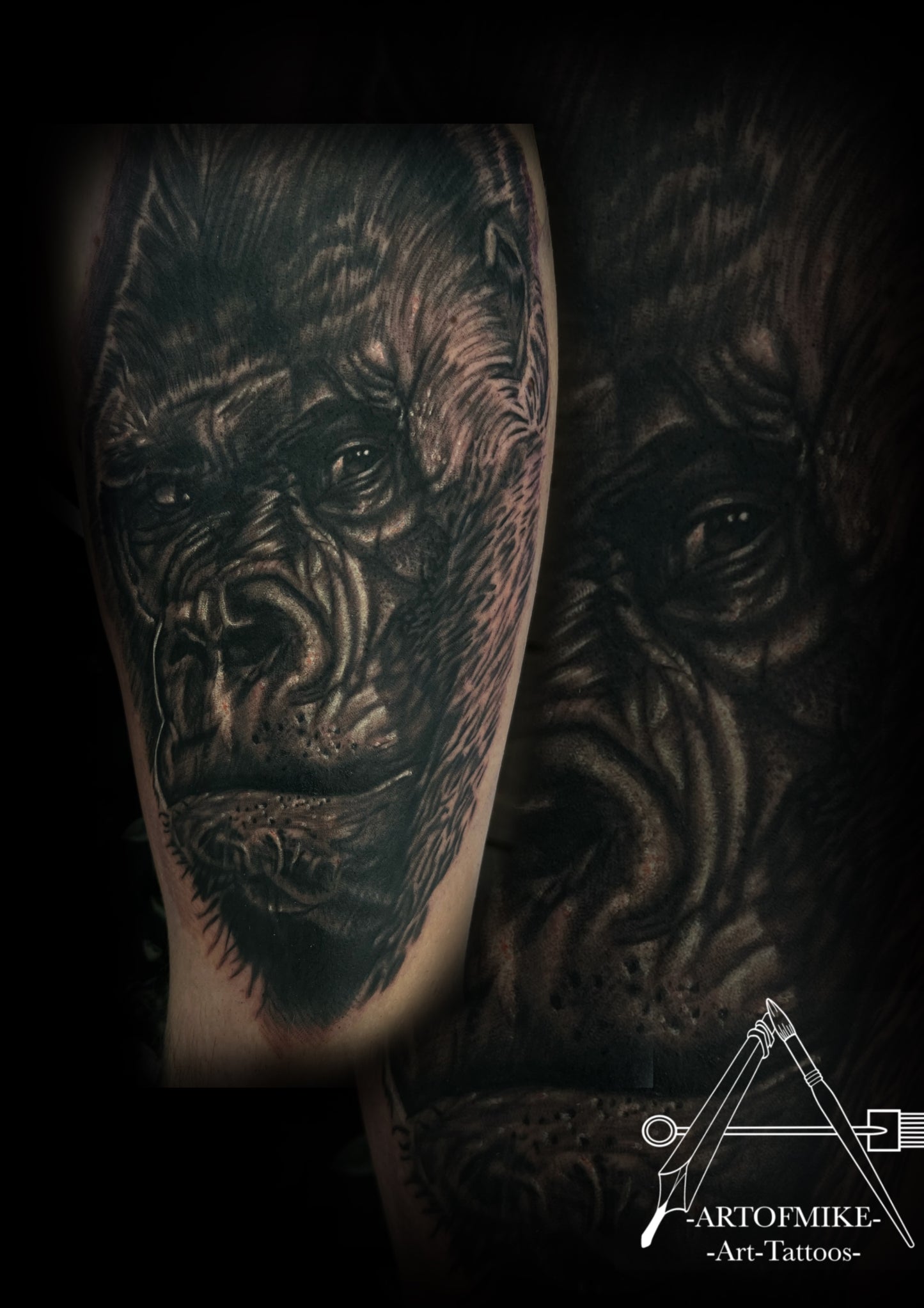 A detailed black and gray gorilla face tattoo, showcasing lifelike shading, is inked at a Shrewsbury studio. Book your Tattoo now with Artofmike @innerdarkness at Artofmiketattoos.com. The artist’s logo appears in the bottom right corner.