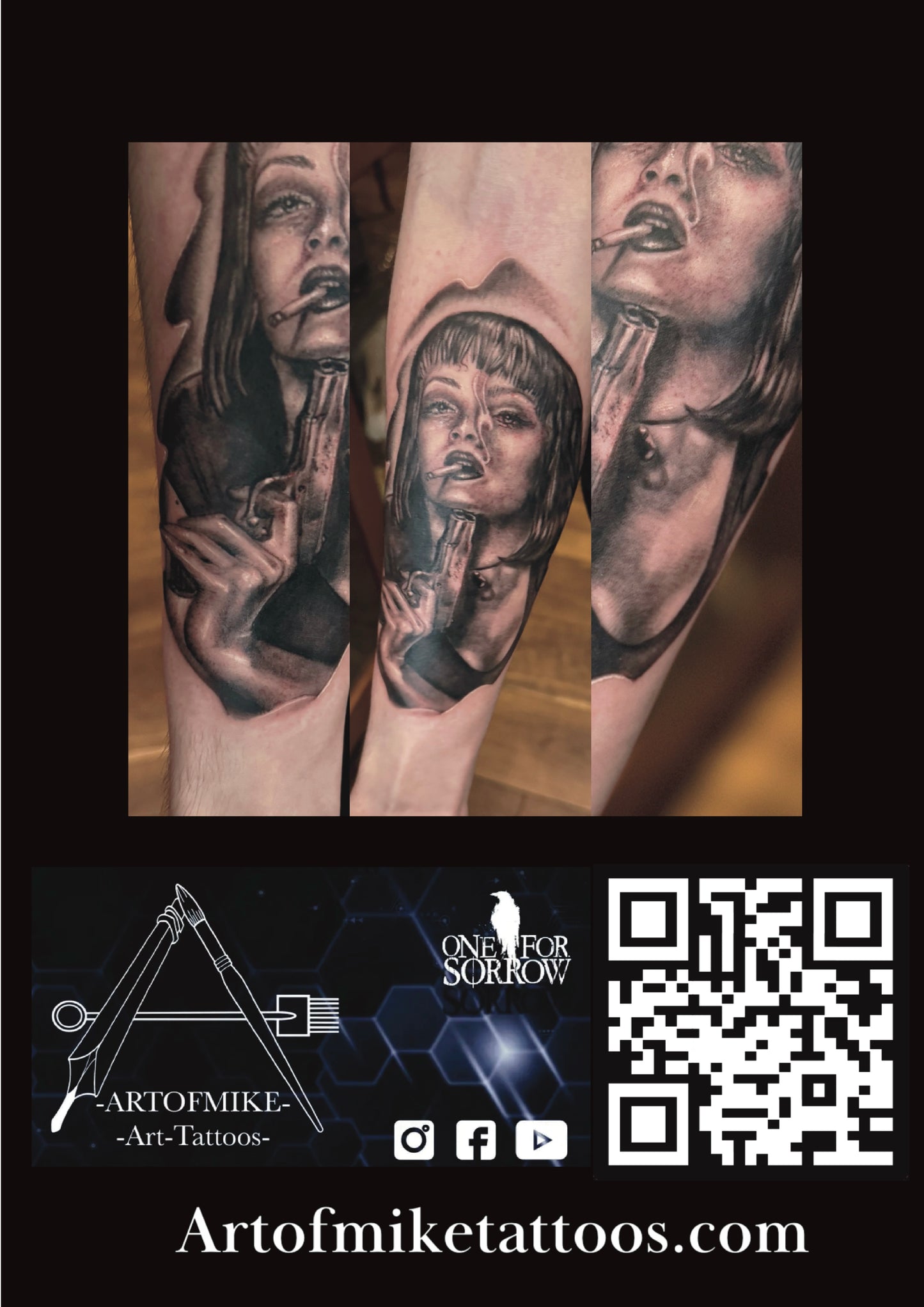 Black and grey tattoo of a woman with a gun on a forearm, shown from various angles. Book your Tattoo now with Artofmike at Artofmiketattoos.com—logos and QR code included for easy booking or studio consultation.