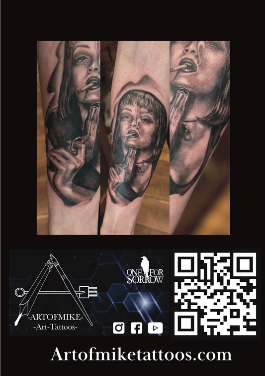 Black and grey tattoo of a woman with a gun on a forearm, shown from various angles. Book your Tattoo now with Artofmike at Artofmiketattoos.com—logos and QR code included for easy booking or studio consultation.