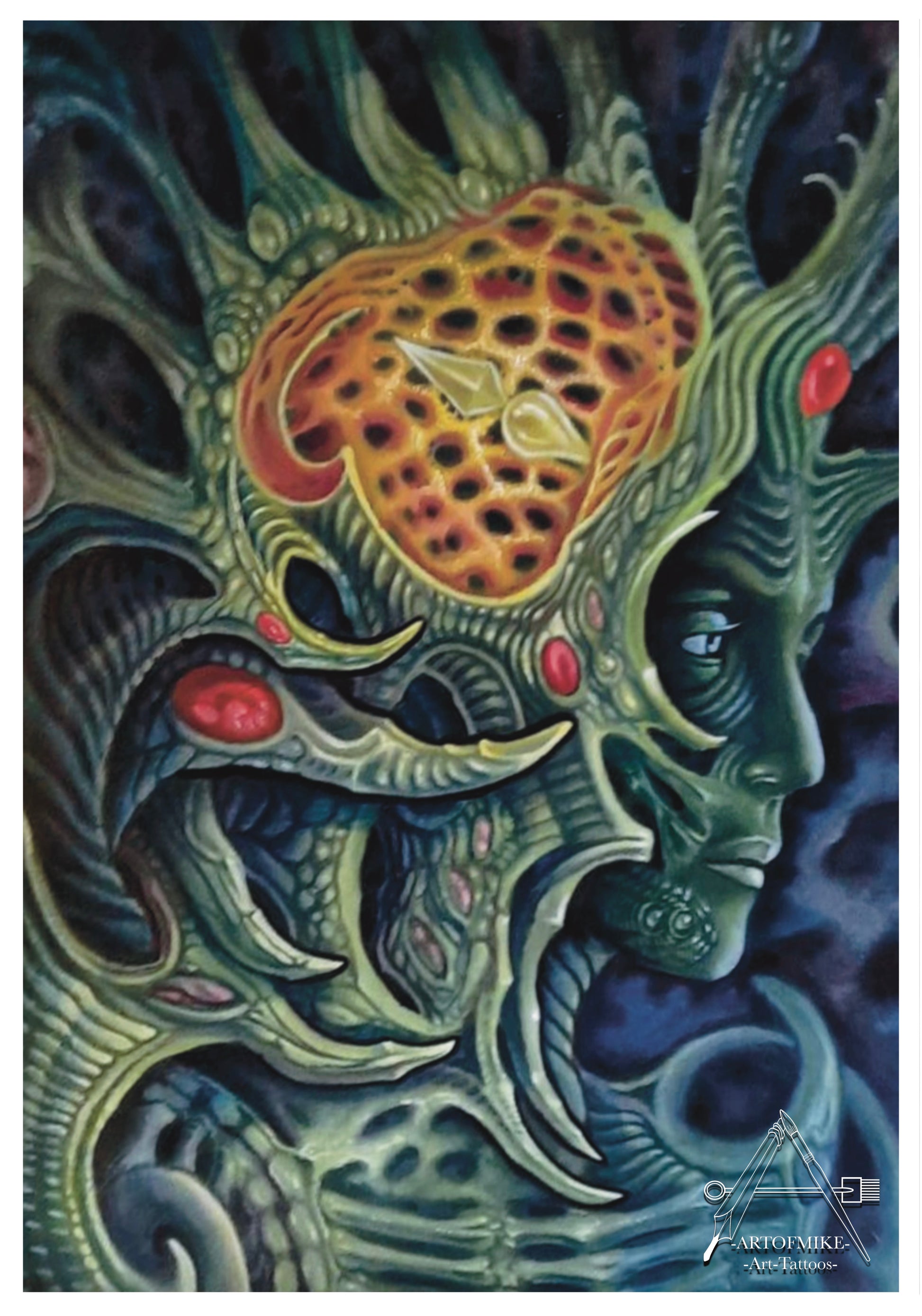 Biomech Julia by Artofmiketattoos.com: a surreal humanoid with green plant-like skin, honeycomb head patterns, and red gem nodes, portrayed in oil against a dark swirling backdrop with organic motifs.