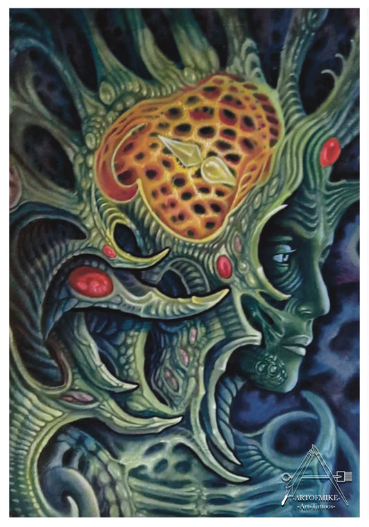 Biomech Julia by Artofmiketattoos.com: a surreal humanoid with green plant-like skin, honeycomb head patterns, and red gem nodes, portrayed in oil against a dark swirling backdrop with organic motifs.