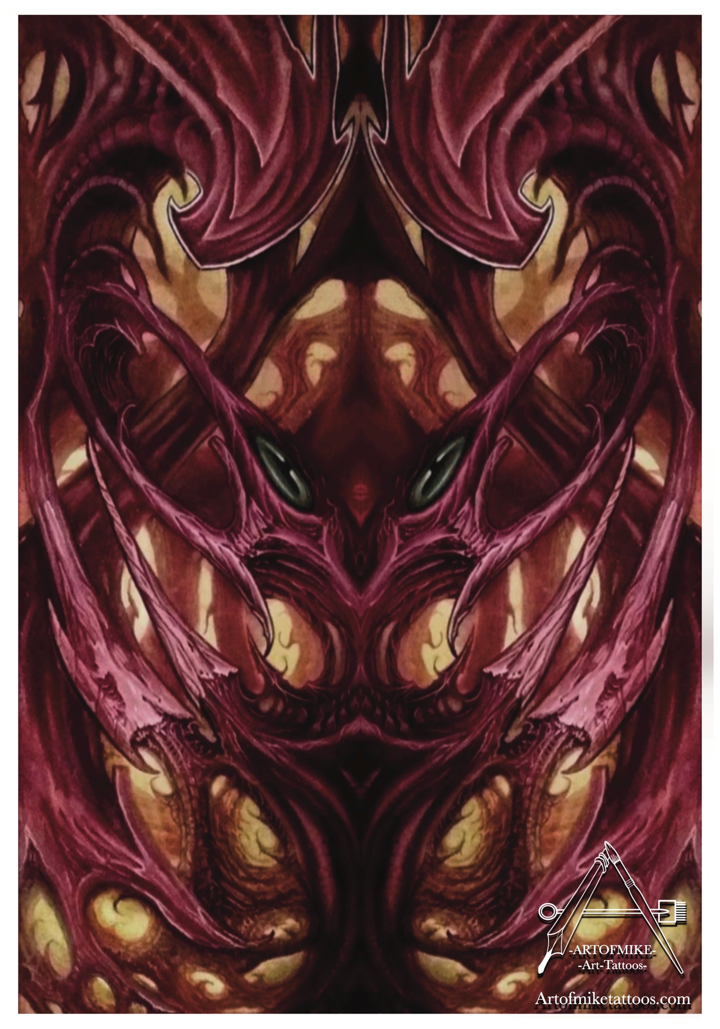 Bloodworks" by Artofmiketattoos.com: Surreal biomech art with demonic faces, glowing green eyes, sharp teeth, and swirling shapes in purples and reds on a brownish background. Tattoo studio logo included. Limited edition art print available.