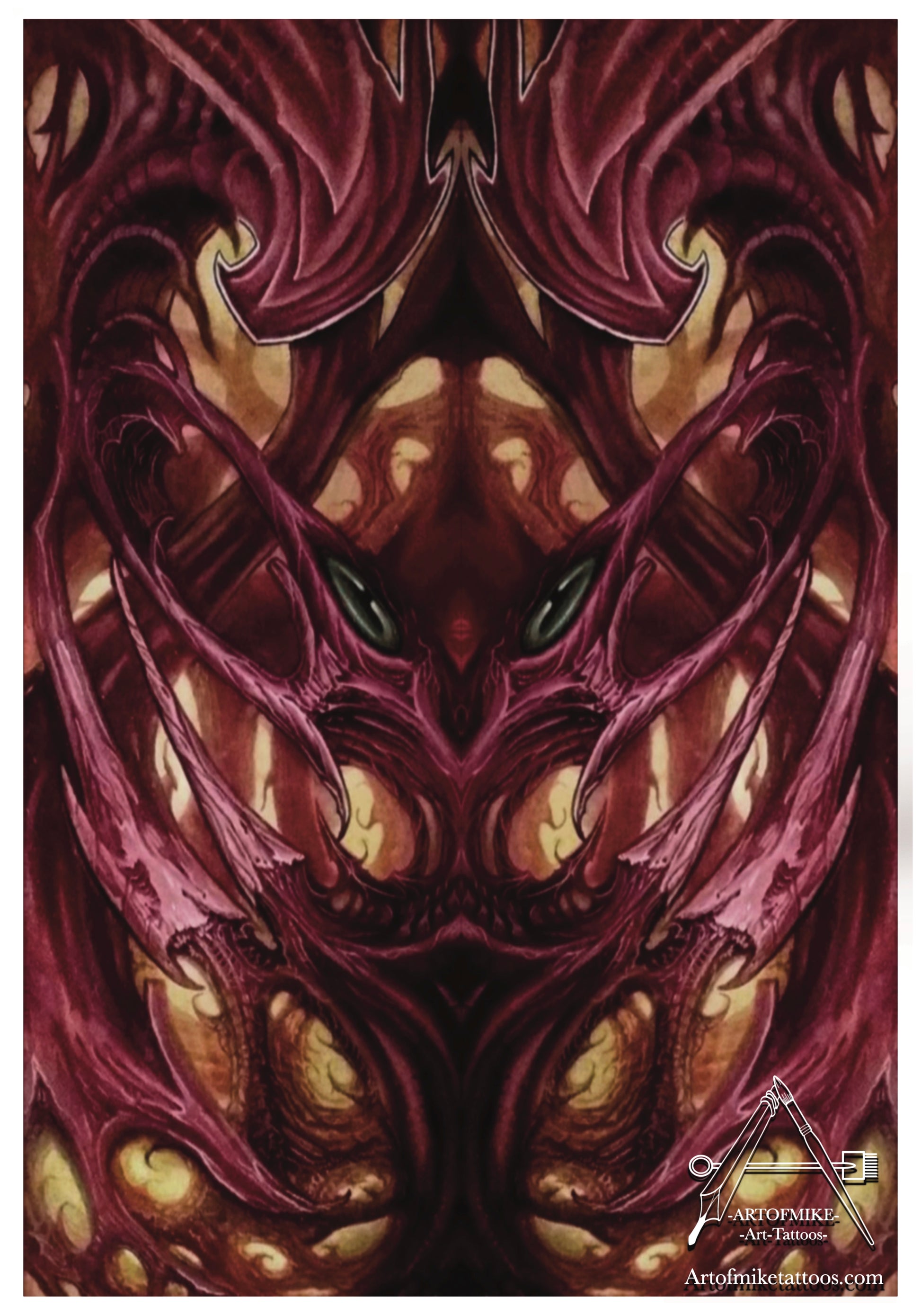 Bloodworks" by Artofmiketattoos.com: Surreal biomech art with demonic faces, glowing green eyes, sharp teeth, and swirling shapes in purples and reds on a brownish background. Tattoo studio logo included. Limited edition art print available.