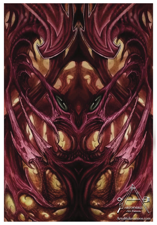 Bloodworks" by Artofmiketattoos.com: Surreal biomech art with demonic faces, glowing green eyes, sharp teeth, and swirling shapes in purples and reds on a brownish background. Tattoo studio logo included. Limited edition art print available.