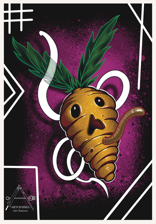 The Scaredy Carrot Print by Artofmiketattoos.com features a cartoon carrot with big eyes, a surprised look, green leafy hair, and a worm on its side, all set against a purple splatter background with white geometric lines.